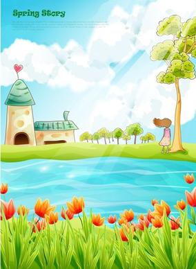 beautiful cartoon spring scenery vector graphics