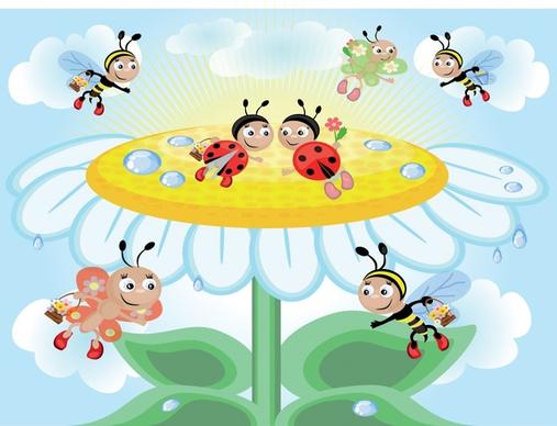 nature background petals stylized honeybees decor cute cartoon