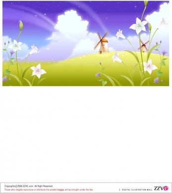 countryside background windmill flowers icons colorful modern design