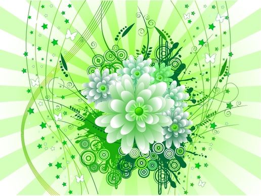 blooming flowers background green grunge design curves ornament