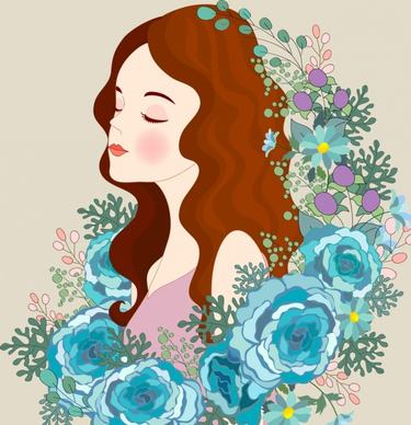 beautiful lady painting roses icons decor cartoon character