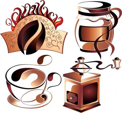 coffee design elements brown 3d symbols sketch