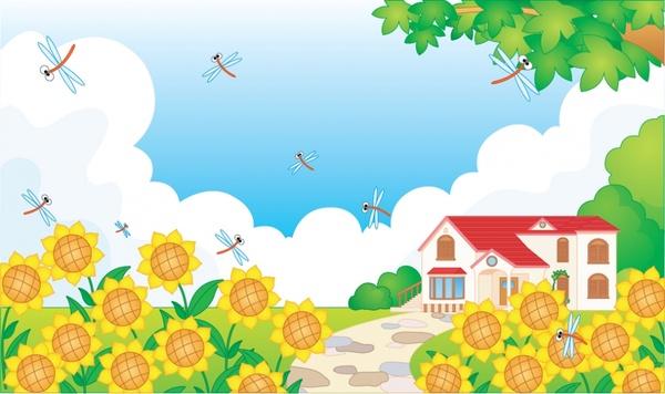 spring background sunflowers dragonfly house icons colorful design