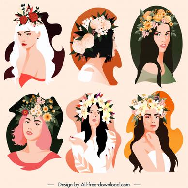 beautiful woman icons flowers hairstyle sketch cartoon characters