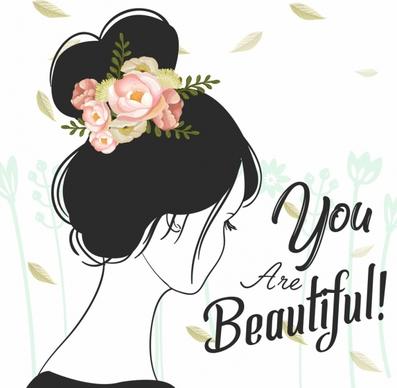 beauty banner woman roses icons handdrawn sketch