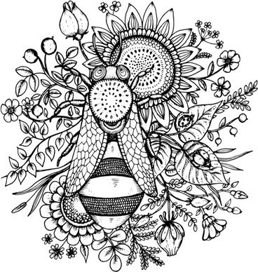 bee flowers hand drawn vector