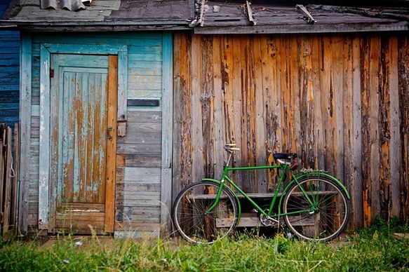 bench bicycle door grass old paint rural seat shed