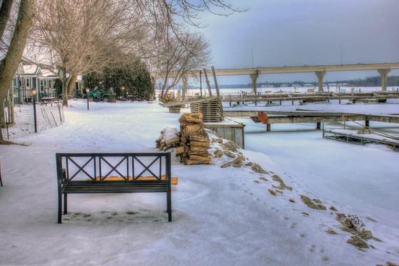 bench in the winter in sturgeon bay wisconsin