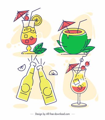 beverages icons cocktail coconut beer sketch flat handdrawn