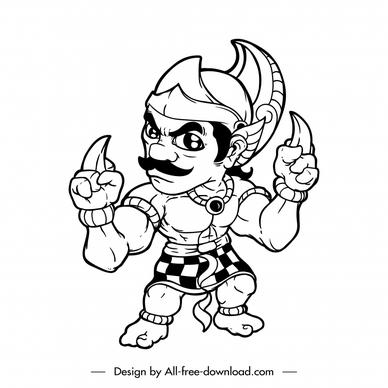 bhima of pandava icon flat classical black white handdrawn cartoon character sketch