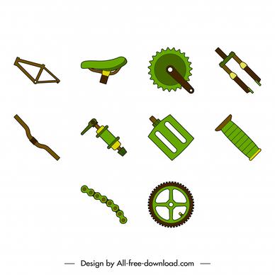 bicycle part icon sets flat green brown objects sketch