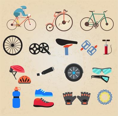 bicycle sports icons illustration in various accessories