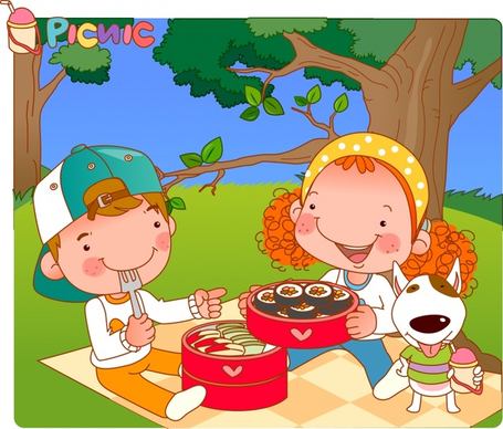 childhood painting picnic theme cute cartoon characters sketch