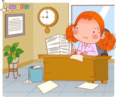 office work painting lady workdesk icons cartoon sketch
