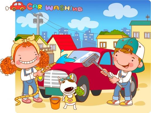 childhood painting car wash theme colored cartoon design