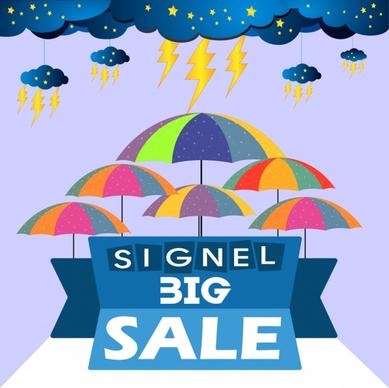 big sale banner cloud thunderbolt umbrella icons decoration