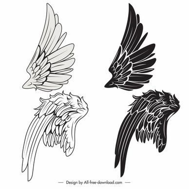 bird wing icons black white classical handdrawn sketch