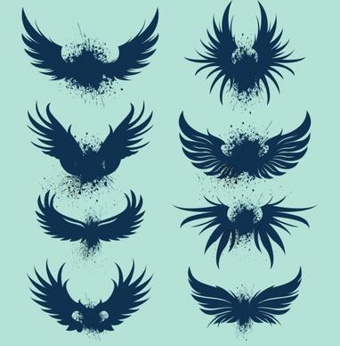 bird wings icons collection grunge silhouette design