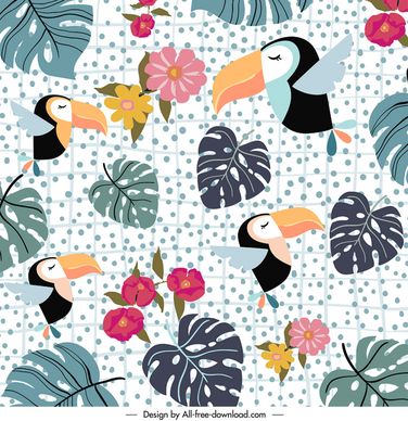 birds and flowers pattern template flat toucan species leaf flora decor
