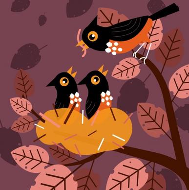 birds family background colored cartoon design