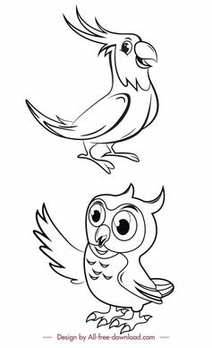 birds species icons black white parrot owl sketch
