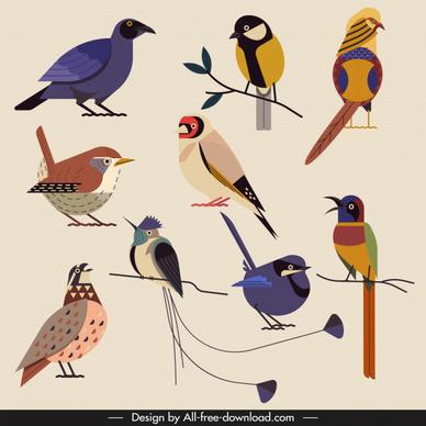birds species icons colorful classical perching sketch