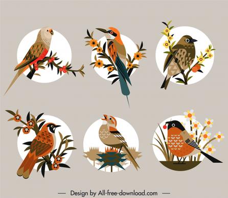 birds species icons colorful flat retro perching sketch