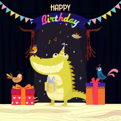 birthday banner crocodile bird icons stylized cartoon design