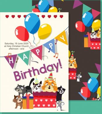 birthday invitation banner cute colorful cat balloons icons