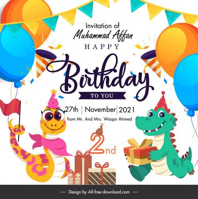 birthday invitation card snake, crocodile stylized cartoon