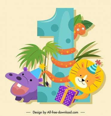 birthday number icon cute animals sketch colorful cartoon