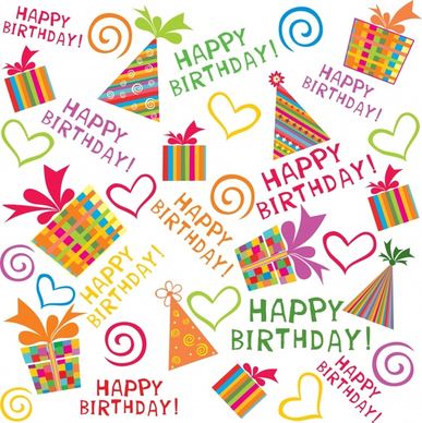 birthday greeting elements colorful flat texts presents sketch