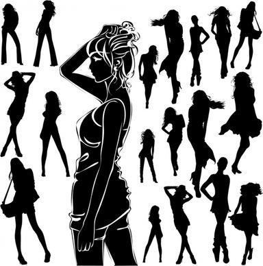 modern girls icons black silhouettes sketch