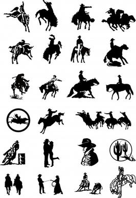 cow boy icons collection silhouette sketch