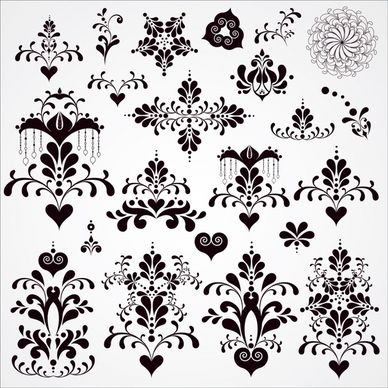 floral decorative elements black white retro symmetric shapes