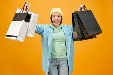 black friday advertising backdrop dynamic happy woman shopping bags