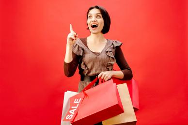 black friday sale poster dynamic excited woman holding shopping bags