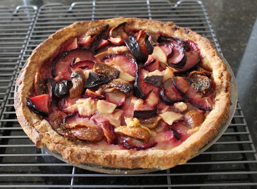 black plum white fig bartlett pear pie with toasted almond crust