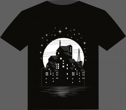 black tshirt design buildings moonlight sparkling stars decor