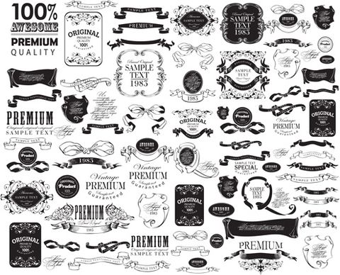 black vintage ornaments with labels and ribbon vector