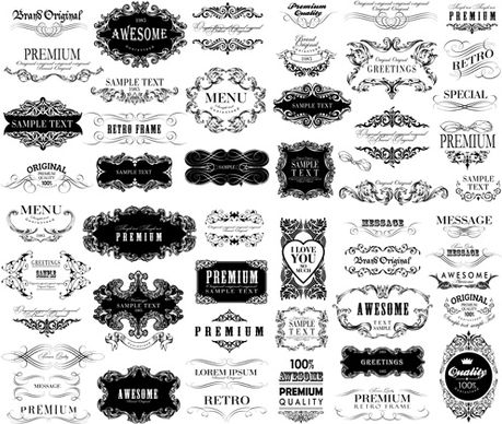 black vintage ornaments with labels and ribbon vector