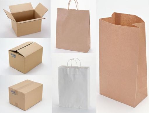 blank green paper bags and corrugated boxes picture