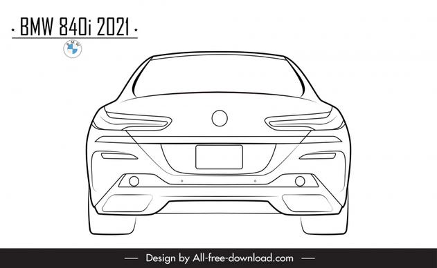 bmw 840i 2021 car model icon flat black white symmetric handdrawn back view outline