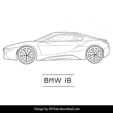 bmw i8 car model advertising template flat black white side view outline