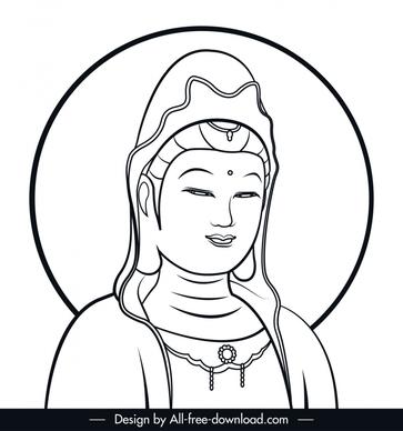 bodhisattva guan yin icon black white handdrawn sketch