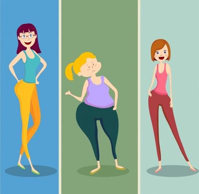 body fitness icons cartoon girl characters