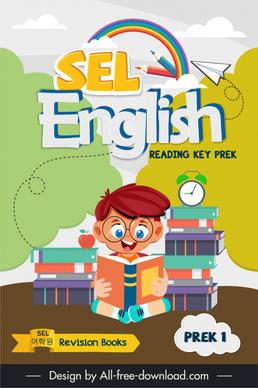 book cover english learning reading key prek prek 1 template cute boy studying sketch cartoon design 