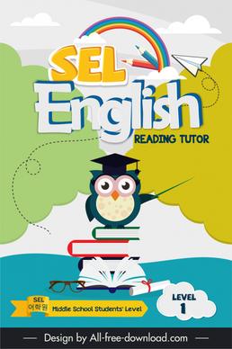 book cover english learning reading tutor level 1 template cute owl books stack outline 