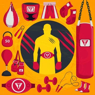 boxing sports design elements red tools objects icons