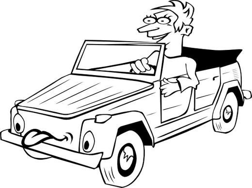 Boy Driving Car Cartoon Outline clip art